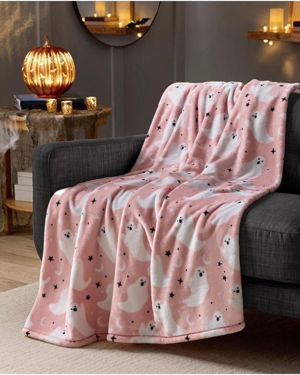 NWT Halloween Pink Ghosts Plush Velvet Feel Throw Blanket Size 60'x70" Fallcore